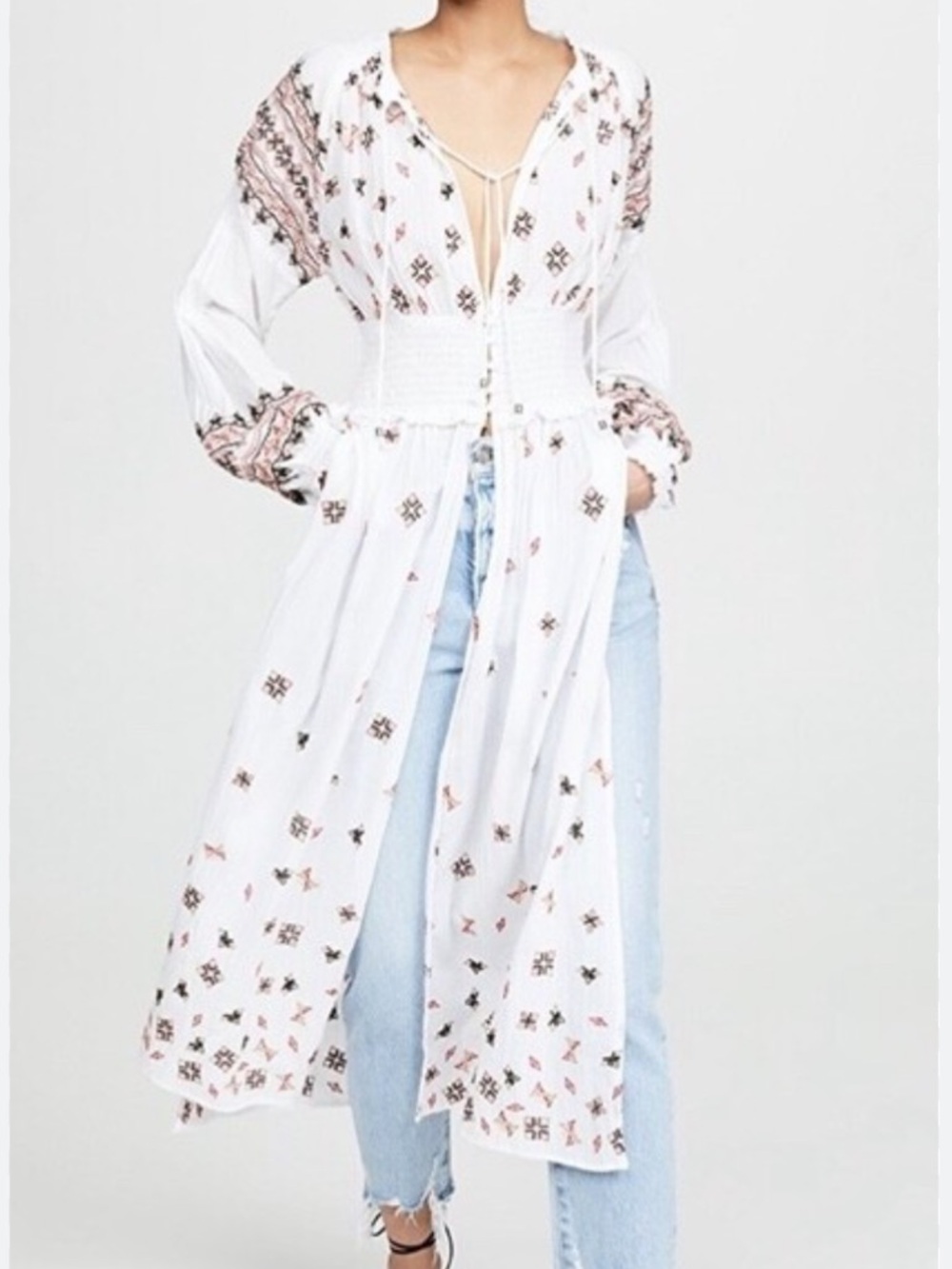 Free People White Boho Embroidered Maxi Dress with Pink and Black Accents - Picture 3 of 16